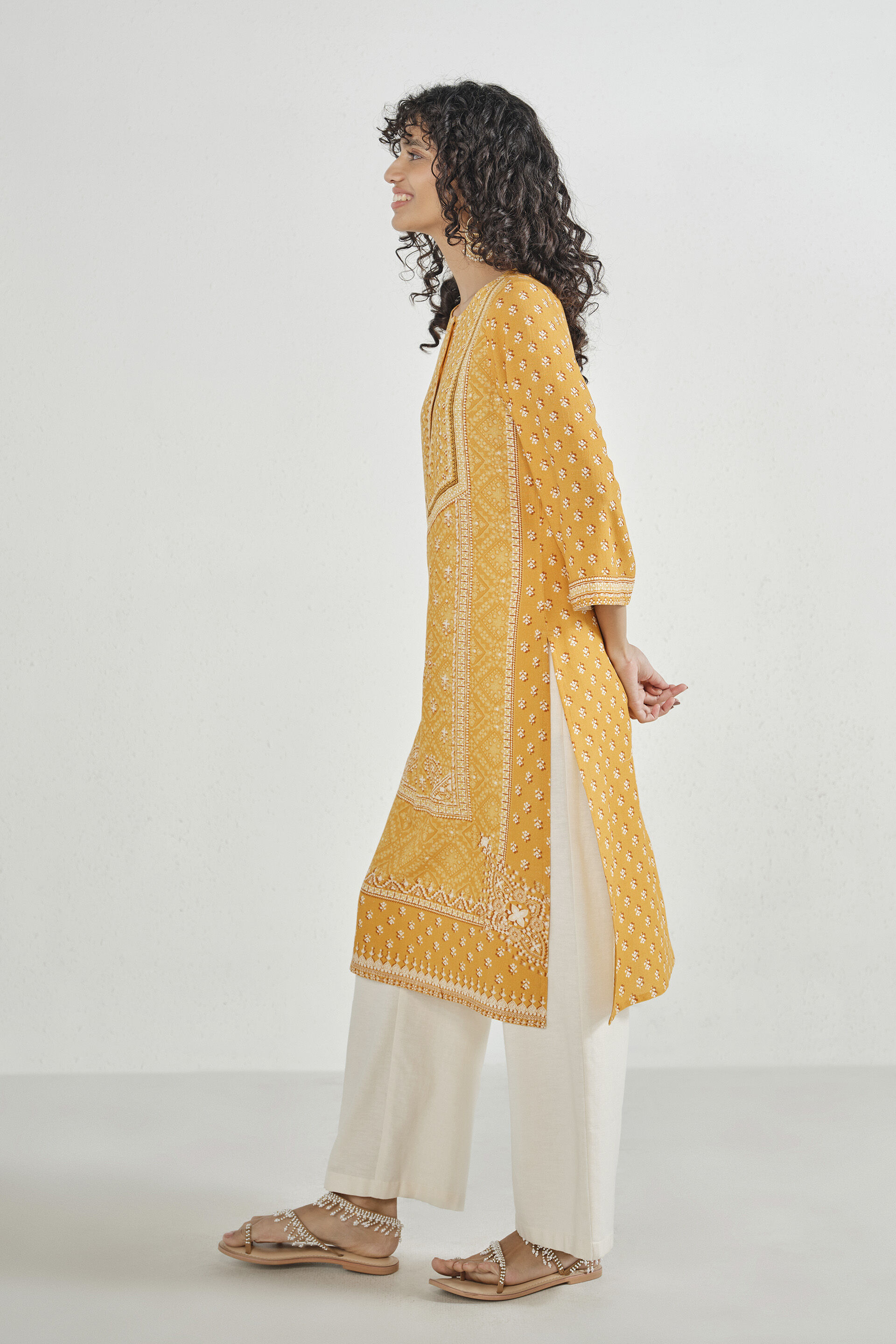Deep Yellow Printed Kurta, Mustard, image 4